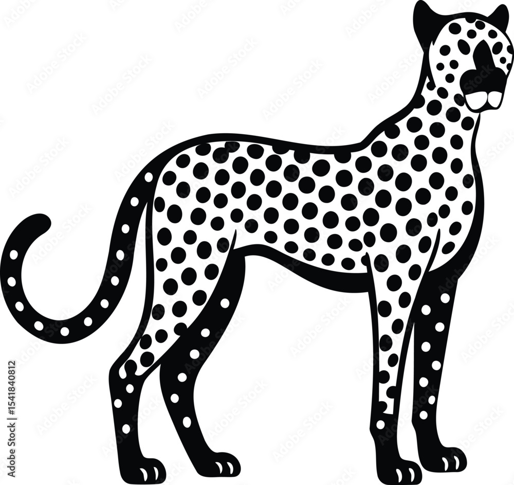 Stylized Black and White Illustration of a Standing Cheetah with Spots Stylized Black and White Illustration of a Standing Cheetah with Spots