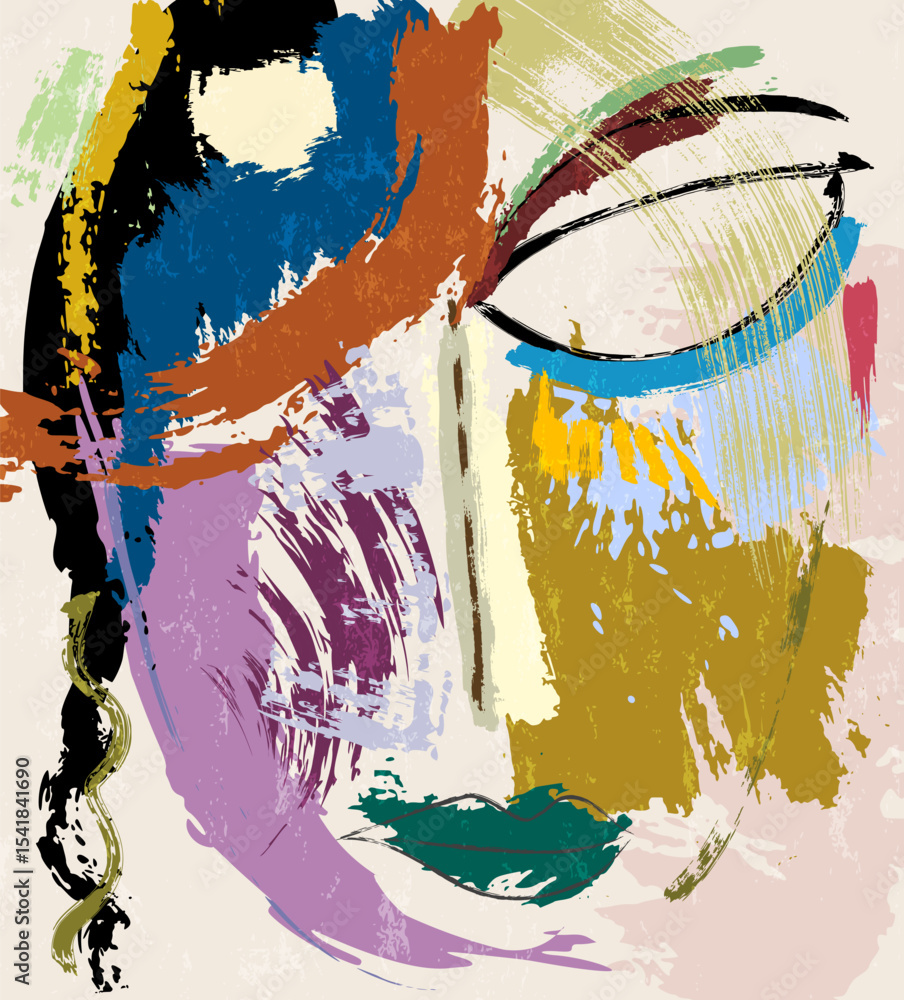 Fotobehang Abstract met Penseelstreken abstract colorful background, illustration with lines, waves, circles, paint strokes and splashes, face or mask #1541841690