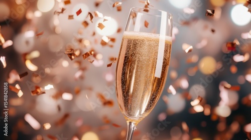 A sparkling champagne glass filled with bubbly champagne surrounded by vibrant confetti, symbolizing joy, celebration, and memorable moments.