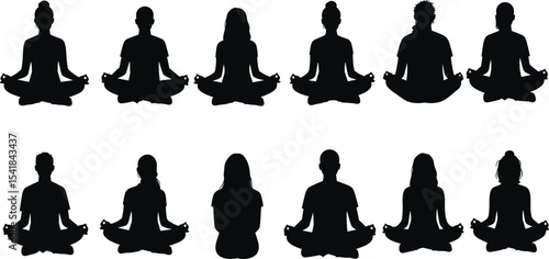 Silhouette of people meditating in lotus pose, peaceful yoga posture, mindfulness practice, spiritual calm, seated meditation, vector illustration, zen