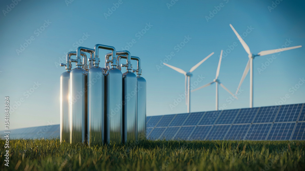 Fototapeta premium Sustainable Energy Concept Featuring Hydrogen Storage, Solar Panels, and Wind Turbines
