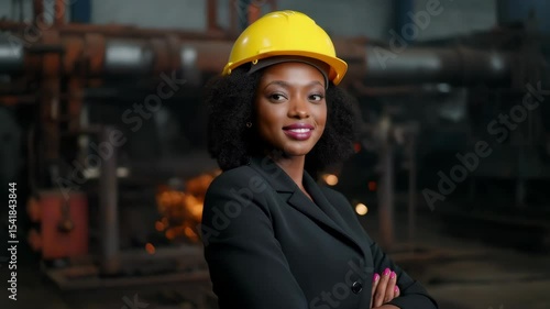 A powerful portrait of a Black female industrial worker in a hard hat and safety vest stands confidently in front of flying sparks at a factory.