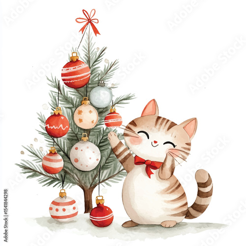 A Festive Cat Decorating a Watercolor Christmas Tree