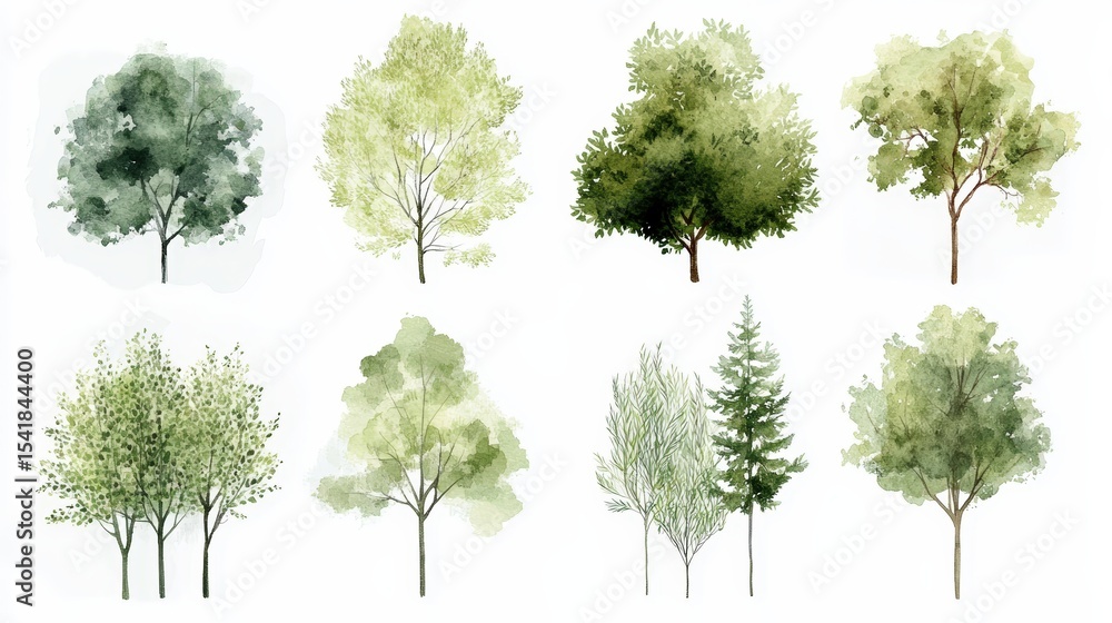 Fototapeta premium Watercolor illustration of eight diverse green trees with various shapes and foliage styles, showcasing natural beauty and artistic detail.