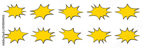 Dynamic yellow starburst shapes scattered on a white background bring energy and excitement to any design or artistic project, irregular text box.