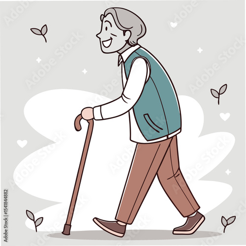 Cartoon elderly man smiles, walking with a cane against a light patterned background