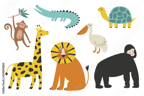 Cute african safari animals and birds. Hand drawn vector animals illustration set.