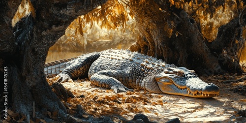 Crocodile resting peacefully under the shade of an overhanging tree
