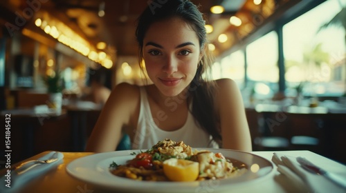 Cinematic wide still of a 25 year old woman eating at a puerto rican diner restaurant having a taste of her beautiful food on his plate, symmetrical composition 
