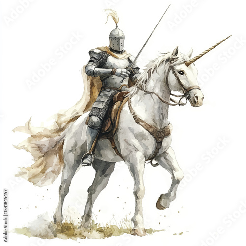 A Medieval Knight on a Majestic White Unicorn Watercolor Style
