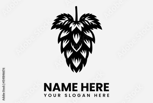 A stylized black and white illustration of a hop flower, with text below.