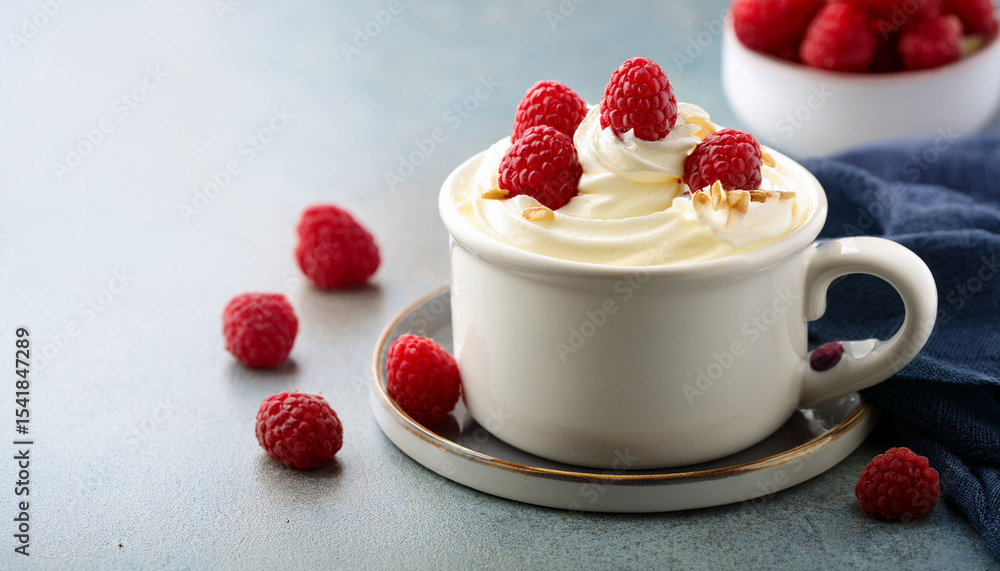 white hot chocolate with raspberries and whipped cream white hot chocolate with raspberries and whipped cream