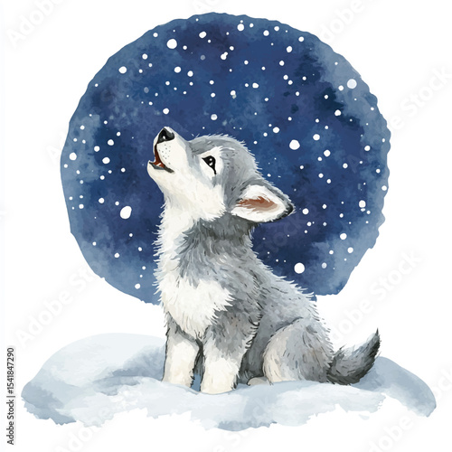A Watercolor Puppy Gazing Up at a Starry Night Sky