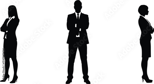 Business silhouette standing with arms crossed, confident man woman pose, professional teamwork concept, corporate success, leadership figure, vector illustration