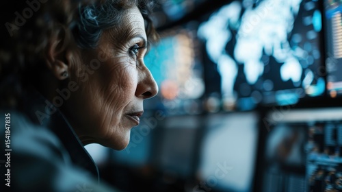 A strongly focused woman analyzes complex data on multiple screens, representing the intersection of technology, intelligence, and modern problem-solving.