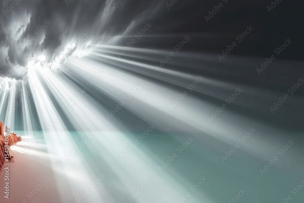 Dramatic light rays pierce dark clouds over a beach Dramatic light rays pierce dark clouds over a beach