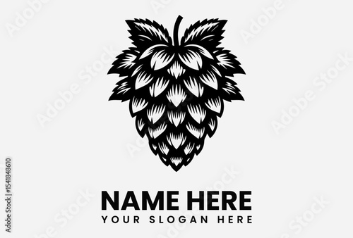 A stylized black and white illustration of a hop cone with text below.