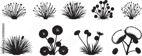 A set of shrubs and trees. Hand drawn vector illustration