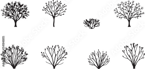 A set of shrubs and trees. Hand drawn vector illustration