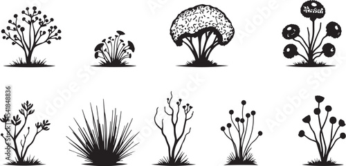 A set of shrubs and trees. Hand drawn vector illustration