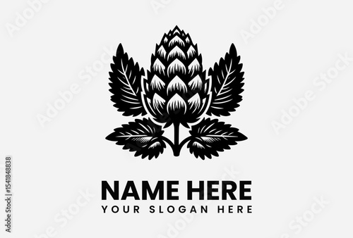 Black and white illustration of a hop cone with leaves, and placeholder text for name and slogan.