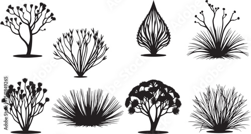 A set of shrubs and trees. Hand drawn vector illustration