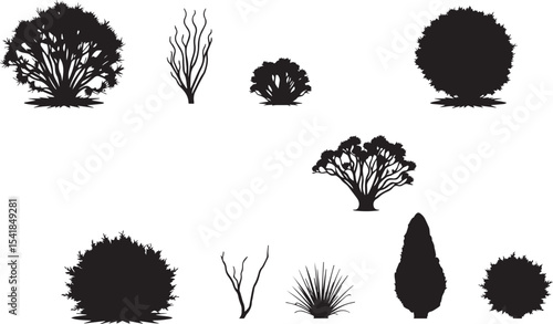A set of shrubs and trees. Hand drawn vector illustration