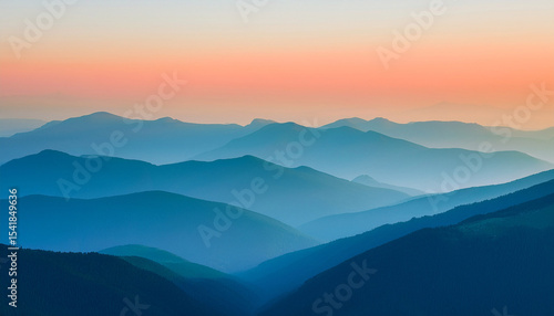 minimalist illustration of layered mountains in soft blue and orange hues under a calm sky
