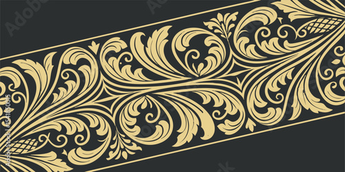 Luxurious gold floral scroll pattern on dark background, ornate vintage baroque decorative design

