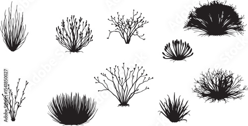 A set of shrubs and trees. Hand drawn vector illustration