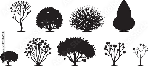 A set of shrubs and trees. Hand drawn vector illustration