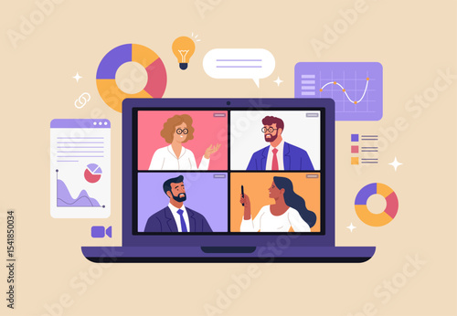 Online Business Concept. Vector cartoon illustration of a group of diverse people doing analytics on a laptop monitor via video call. Isolated on background.