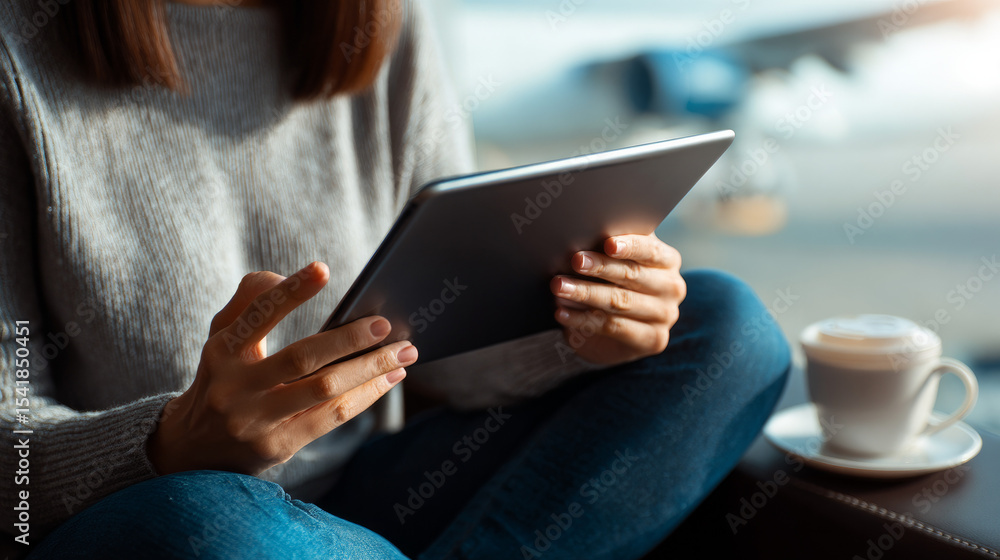 An unidentified woman sitting indoors at her workplace using a digital tablet application to book airline tickets. Top-View, Collage, Cropped An unidentified woman sitting indoors at her workplace using a digital tablet application to book airline tickets. Top-View, Collage, Cropped