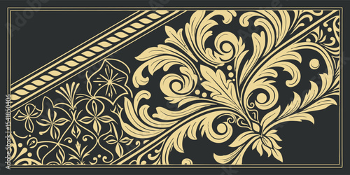 Gold floral and geometric pattern on black background for luxury branding, packaging or decorative use