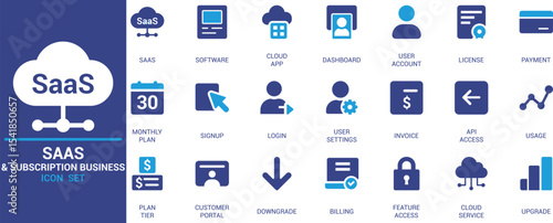 SaaS and subscription business icon set with modern flat style icons for software, cloud app, user account, plan tier, billing, API access, and payment systems.
