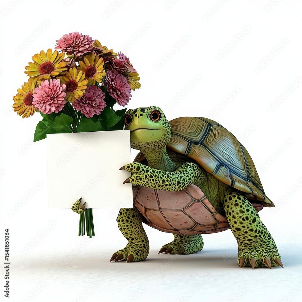 Fototapeta premium Friendly Green Turtle Holding Flowers and Blank Sign