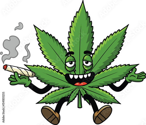 Funny cartoon marijuana leaf character, smoking joint, happy weed mascot, relaxed cannabis illustration, humorous stoner artwork, cheerful pot leaf, creative drug culture drawing