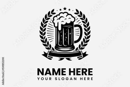 A black and white beer mug logo with a foamy head, laurel wreath, and banner.