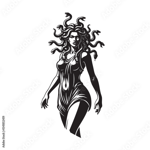 Medusa figure with flowing snake hair, mythological female character in black-and-white engraving style, mysterious and fierce.