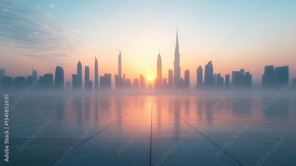 Obraz premium Sunrise over a modern city skyline, shrouded in mist. A tranquil, empty urban plaza