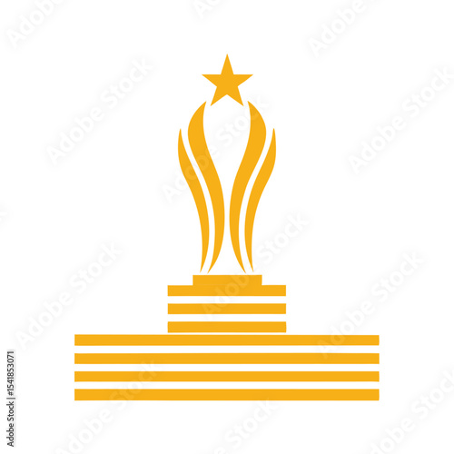 Golden Award Trophy with Star on Multilayered Base on White Background