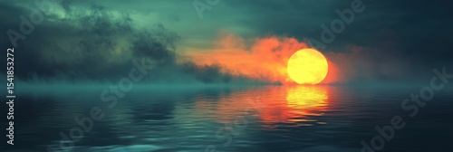 Sunrise over a serene lake, mist rising and reflections on the watera surface