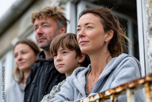 A family stands together overlooking a stunning beach landscape, showcasing their connection while contemplating the beauty of nature and the calmness of the ocean.