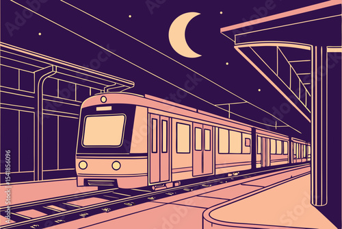 Minimalist vector of city train at night with crescent moon and platform