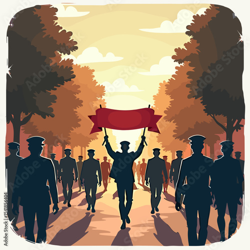 Soldiers march with a banner in an autumn park at sunset