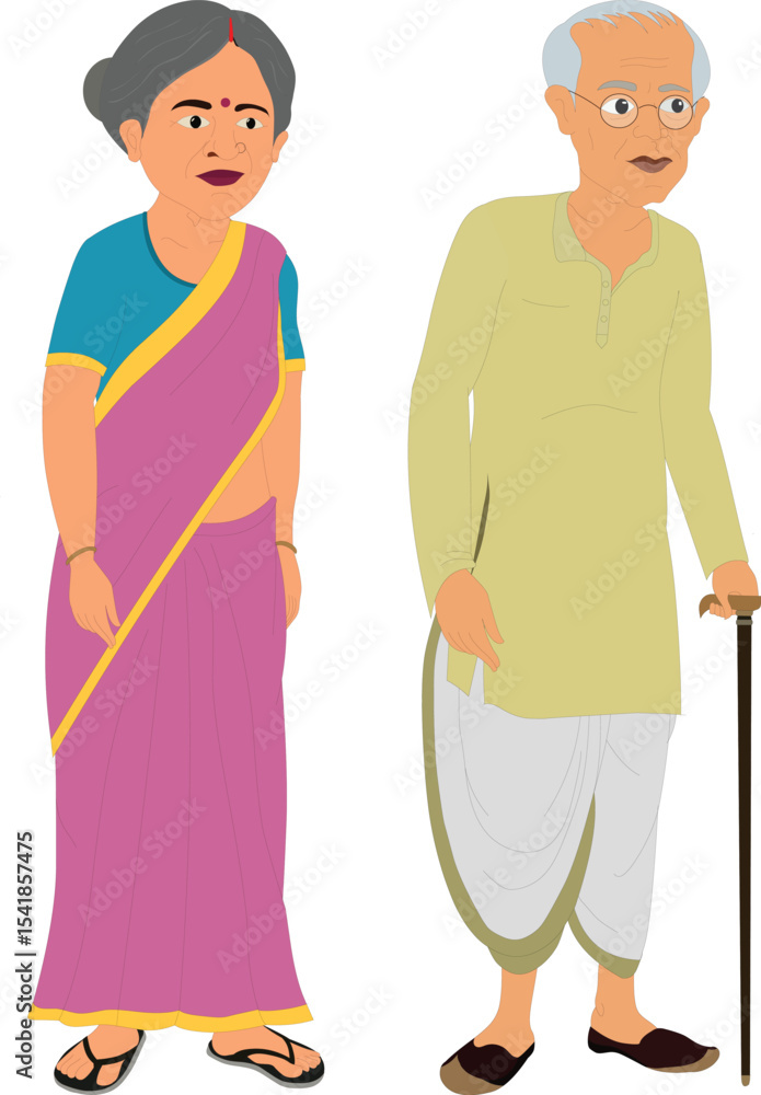 Elderly Indian Couple Vector Illustration – Old Man with Walking Stick and Woman in Saree, Traditional Senior Characters, Rural Lifestyle, Flat Design, Cultural Artwork, Indian Family Clipart Elderly Indian Couple Vector Illustration – Old Man with Walking Stick and Woman in Saree, Traditional Senior Characters, Rural Lifestyle, Flat Design, Cultural Artwork, Indian Family Clipart