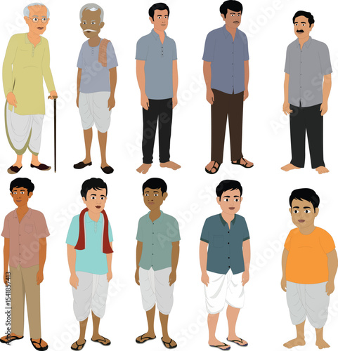 Indian Male Characters Vector Illustration – Village Men and Boys in Traditional and Casual Clothes, Flat Design Rural People, Cultural Outfit, Family Generation Concept, Cartoon Character Set