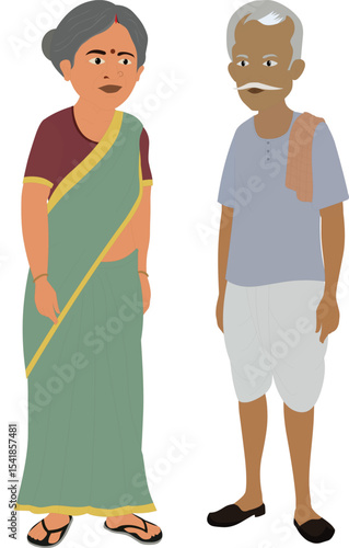 Indian Elderly Couple Vector Illustration – Senior Man and Woman in Traditional Village Attire, Old Age Characters in Saree and Dhoti, Flat Design Cultural Clipart, Rural Family Lifestyle Concept