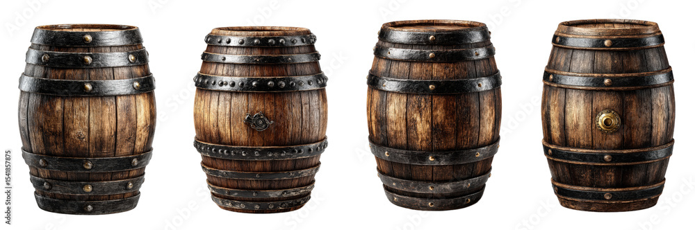 Obraz premium Various Wooden Barrels with Metal Bands for Authentic Storage