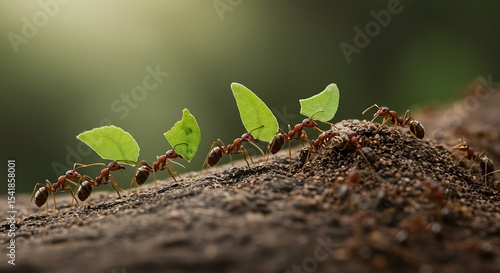 a colony of red ants carrying the leaf